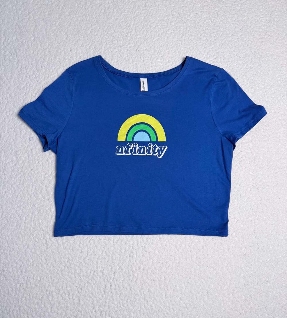 Nfinity Retro Rainbow Graphic Crop Top Tee Blue Size M/L